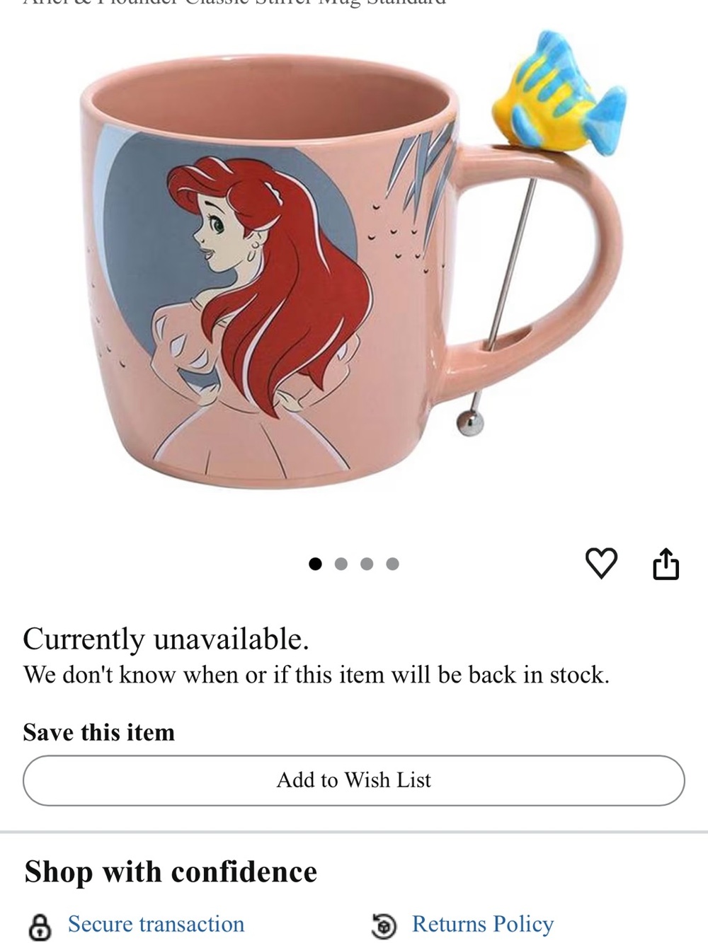 Disney Pink Ceramic Character Mug NWT with Yellow flounder Figurine Spoon mixer